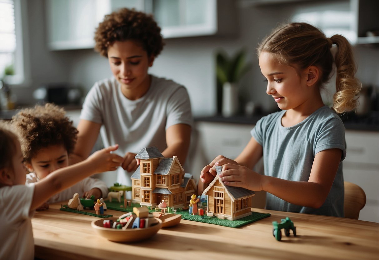 Children setting the table, putting away toys, and helping with simple chores. Parents supervising and giving guidance