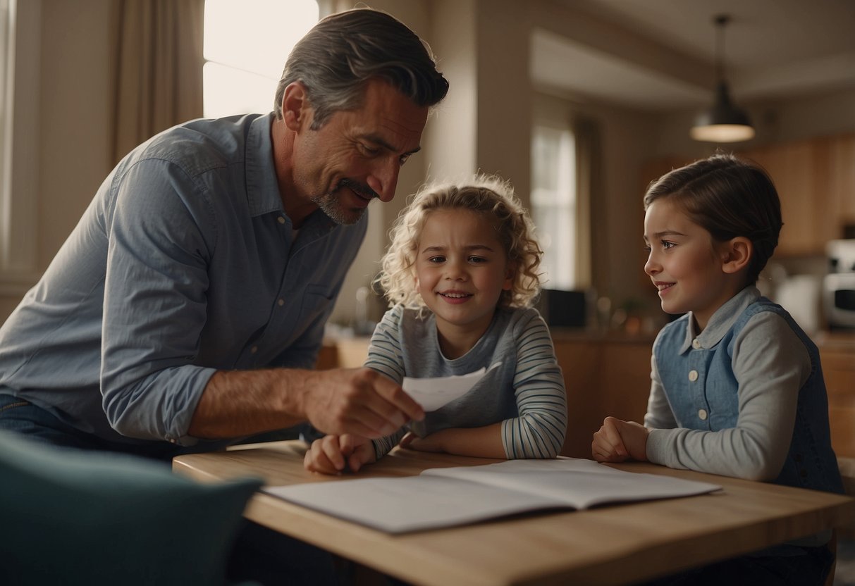 A parent calmly explains a task to a child, while another parent observes from a distance. The child confidently attempts the task, showing independence