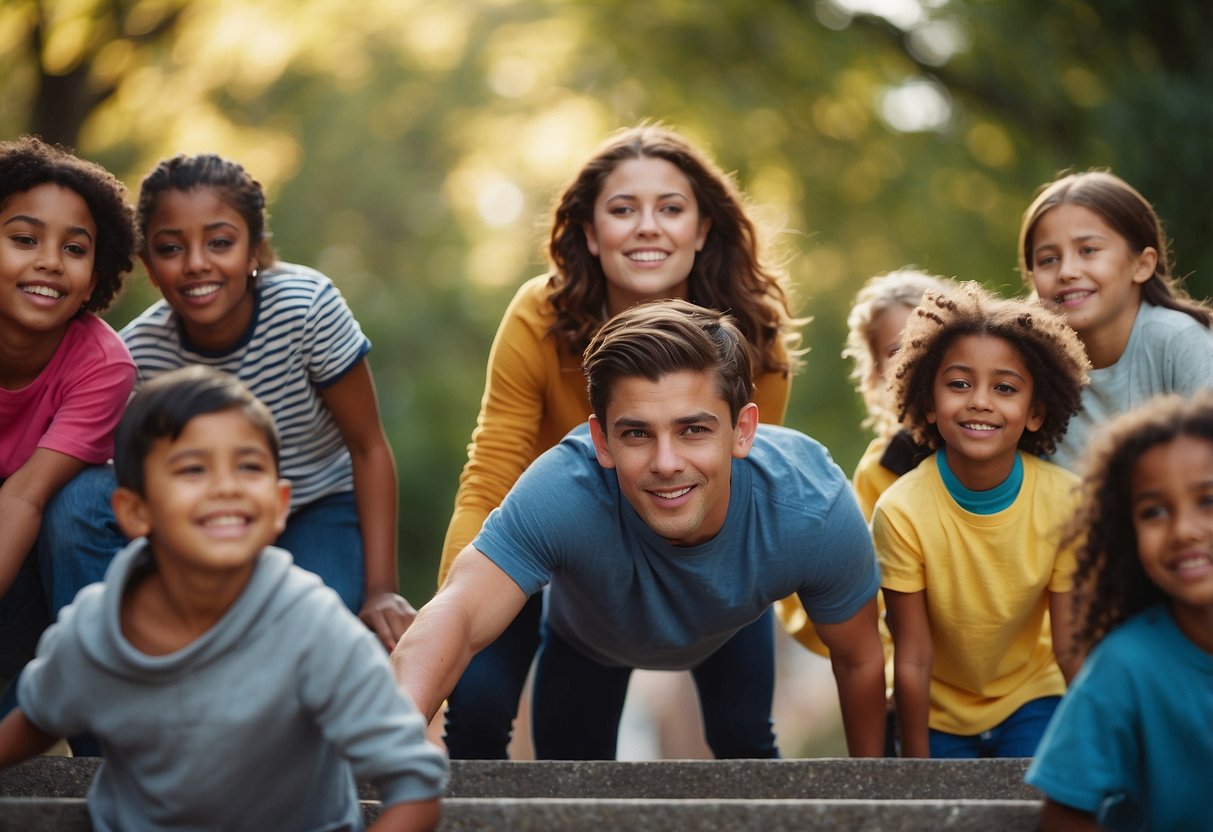 A diverse group of children overcoming obstacles with supportive parents using various parenting styles to foster independence