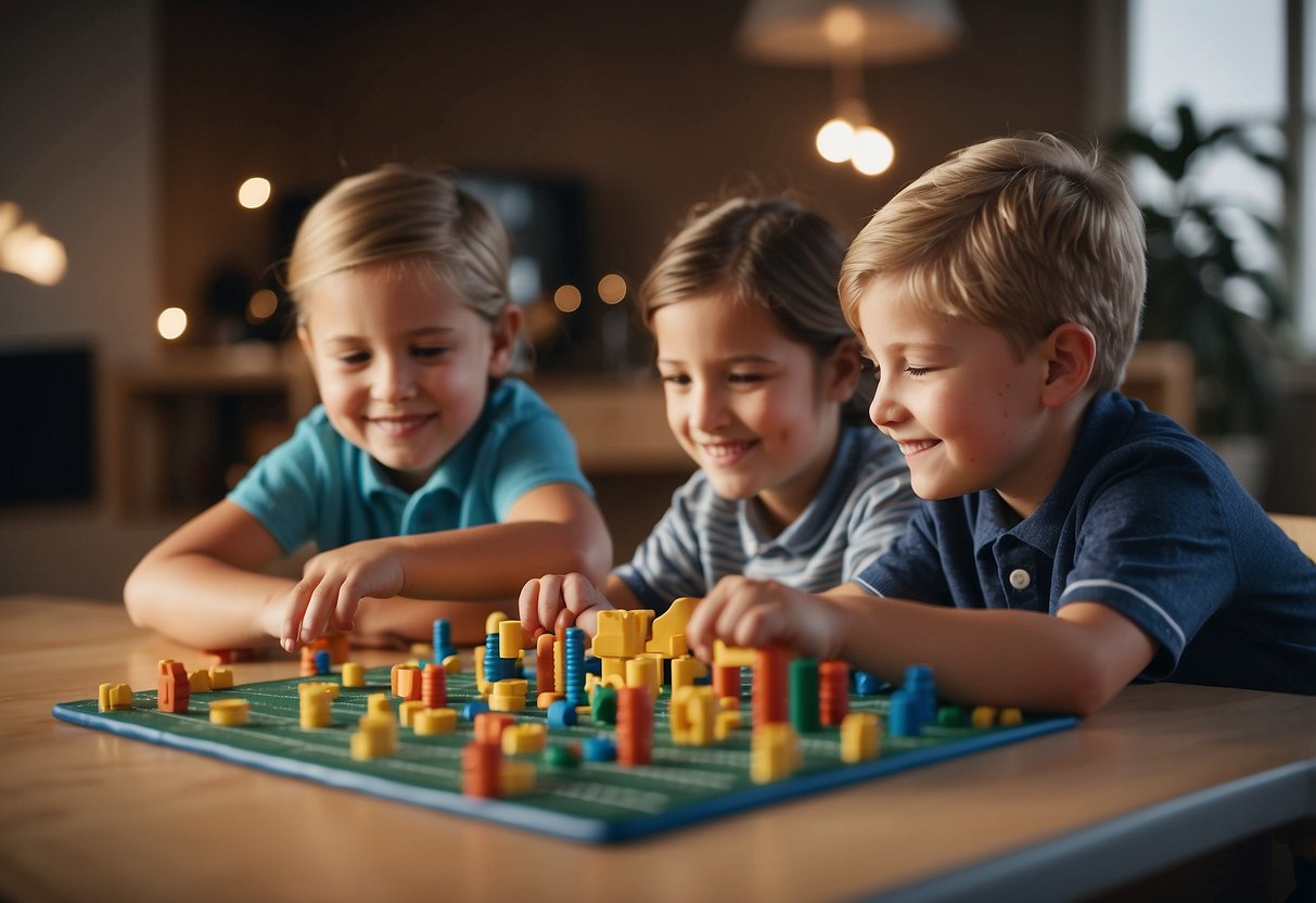 Children engaging in various activities, such as problem-solving, teamwork, and emotional regulation, while parents provide support and encouragement