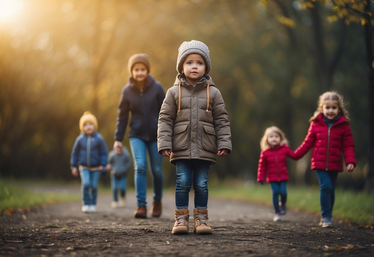 A child standing tall, facing a challenge with determination. Surrounding them are supportive figures, offering guidance and encouragement. The environment is filled with warmth and positivity, nurturing the child's resilience