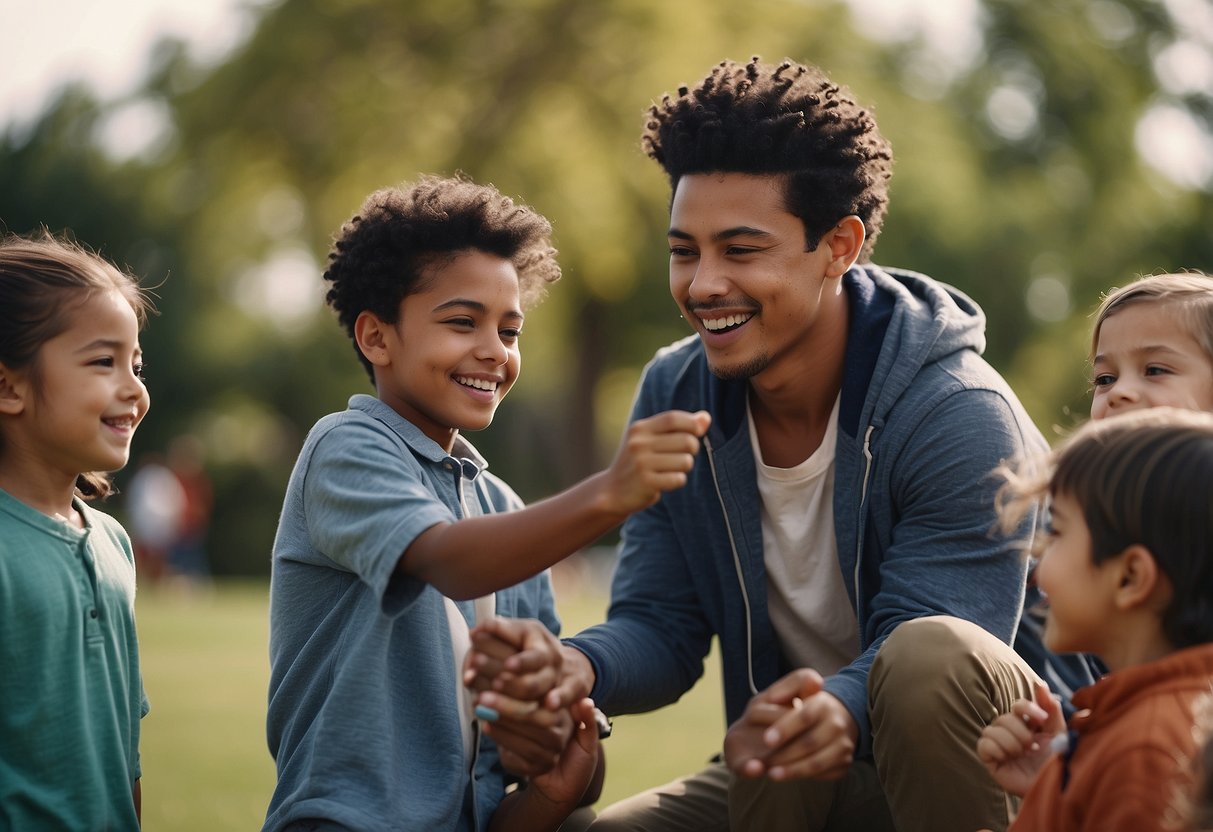 A diverse group of children engaged in activities, while parents communicate and interact positively with them, showing support and encouragement