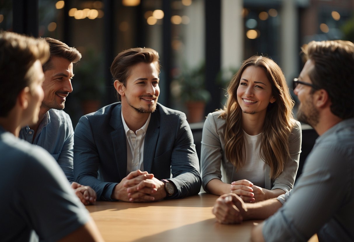 A group of people sitting in a circle, leaning in and making eye contact while engaging in deep conversation. The atmosphere is warm and inviting, with everyone showing genuine interest in what the others have to say