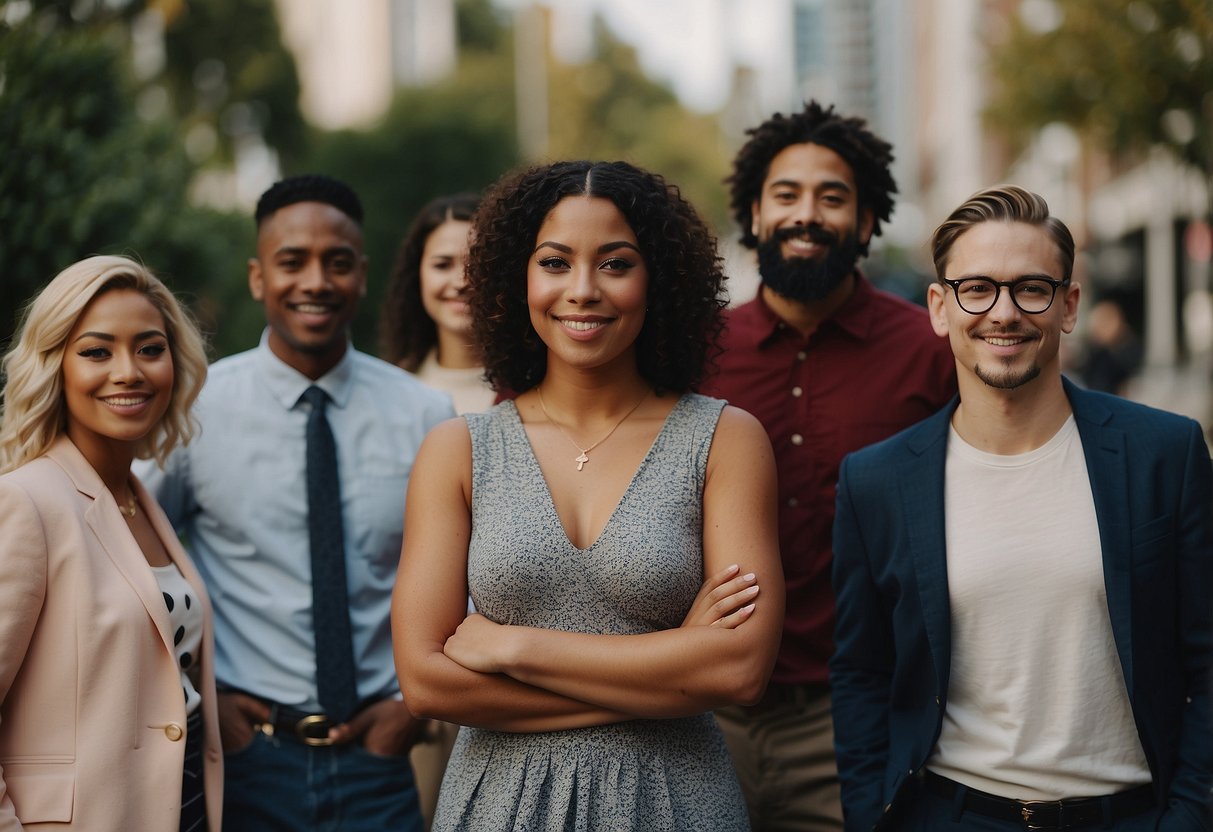 A diverse group of individuals standing together, each expressing their unique personality through clothing, hobbies, and interests. The scene exudes a sense of acceptance and celebration of individuality