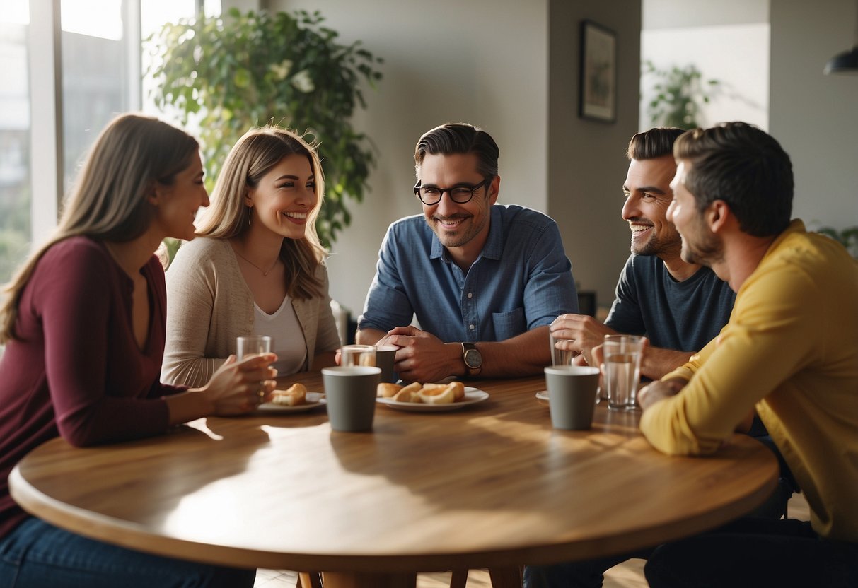 A family sitting around a table, discussing and sharing ideas. Smiles and nods show mutual respect and understanding