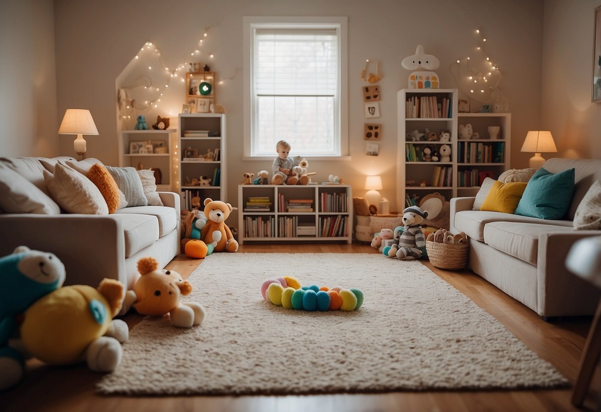 A cozy living room with toys and books scattered around, representing a harmonious blend of different parenting styles. A mix of modern and traditional decor, with a peaceful and inviting atmosphere