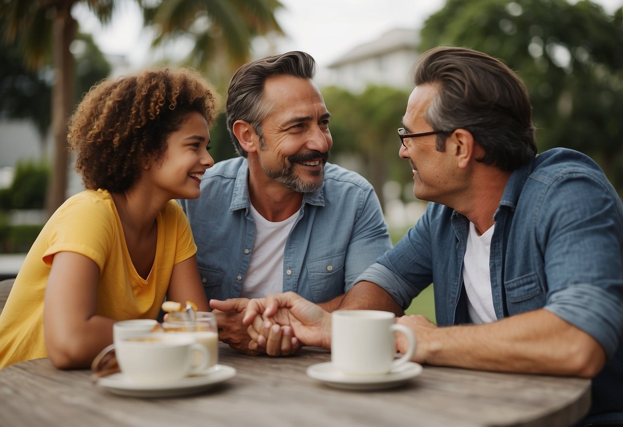 A family sitting around a table, discussing and sharing ideas. Different parenting styles represented through body language and facial expressions. A sense of unity and collaboration in the air