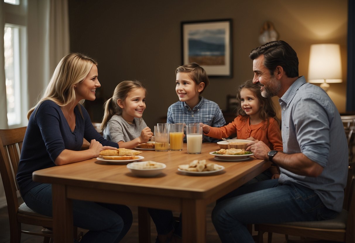 A family sitting around a table, discussing and compromising on parenting styles. A mix of different parenting techniques being visually represented through a blend of symbols and imagery