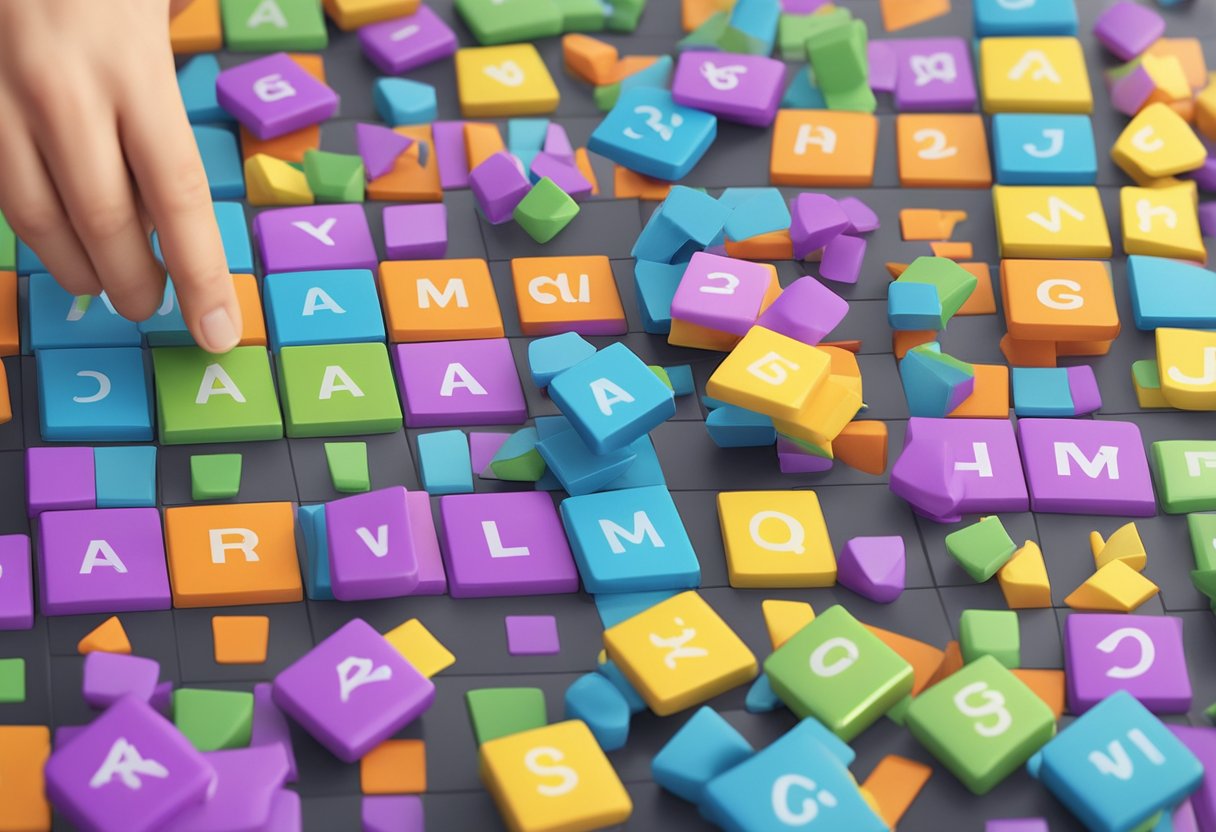 A colorful game board with various letter tiles scattered around. A hand reaching for a specific tile