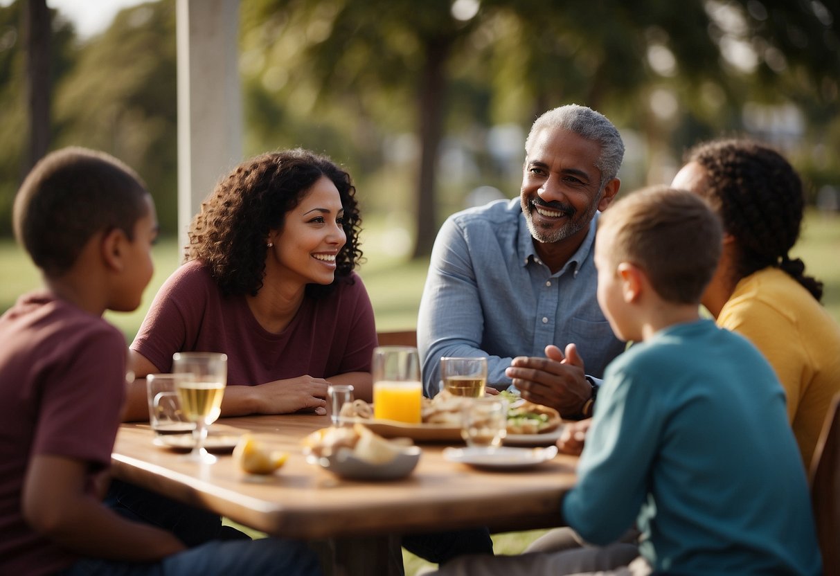 A diverse group of parents sit together, discussing and sharing their different parenting styles. They are actively listening and showing empathy towards each other's perspectives