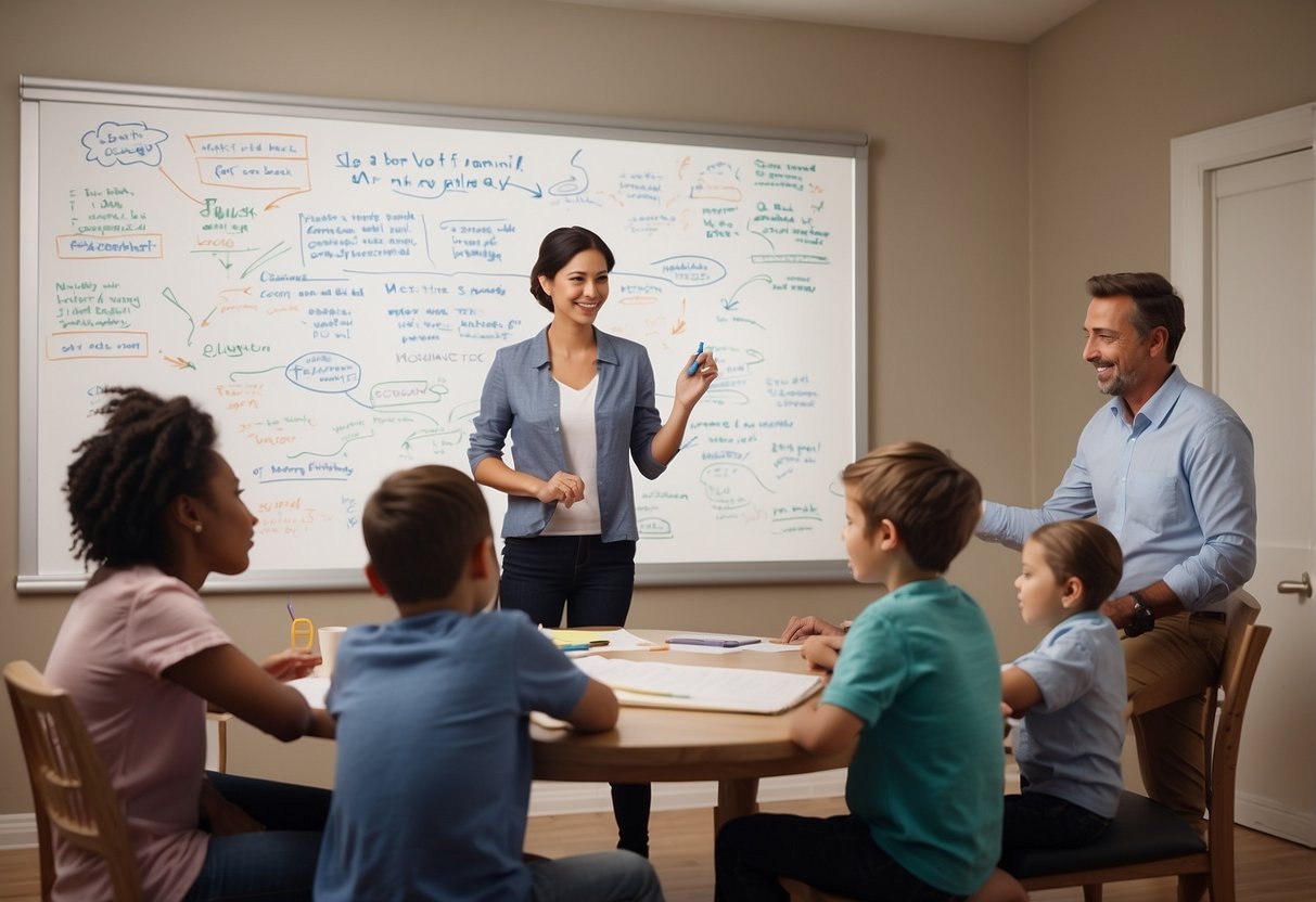 A family meeting with parents discussing and brainstorming ideas for blending parenting styles, with a whiteboard and markers for note-taking