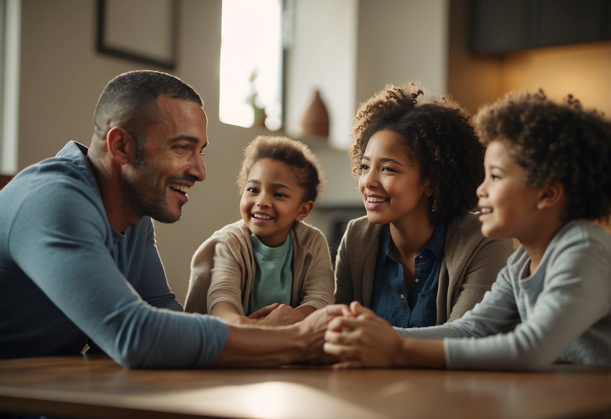 A diverse group of parents discussing and compromising on various parenting styles, while children play harmoniously in the background