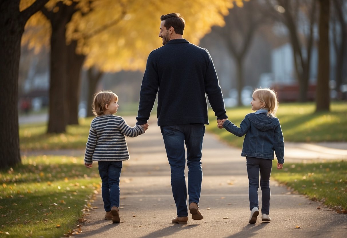 Two parents with different approaches stand on opposite sides, each holding a child's hand. One parent uses a structured approach, while the other is more relaxed. The children appear content and engaged