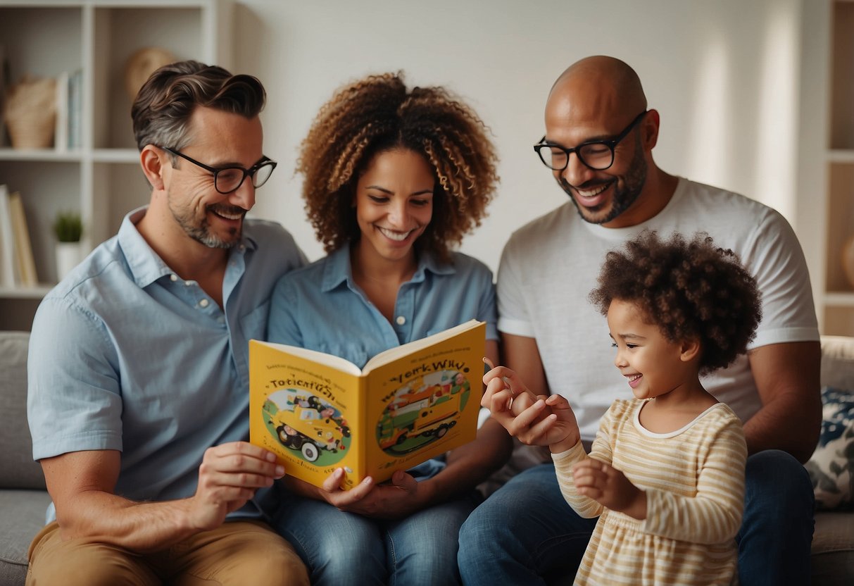 Two parents with different parenting approaches stand side by side, each holding a child's hand. One parent is reading a book, while the other is playing with a toy. The children are happily engaged in their respective activities