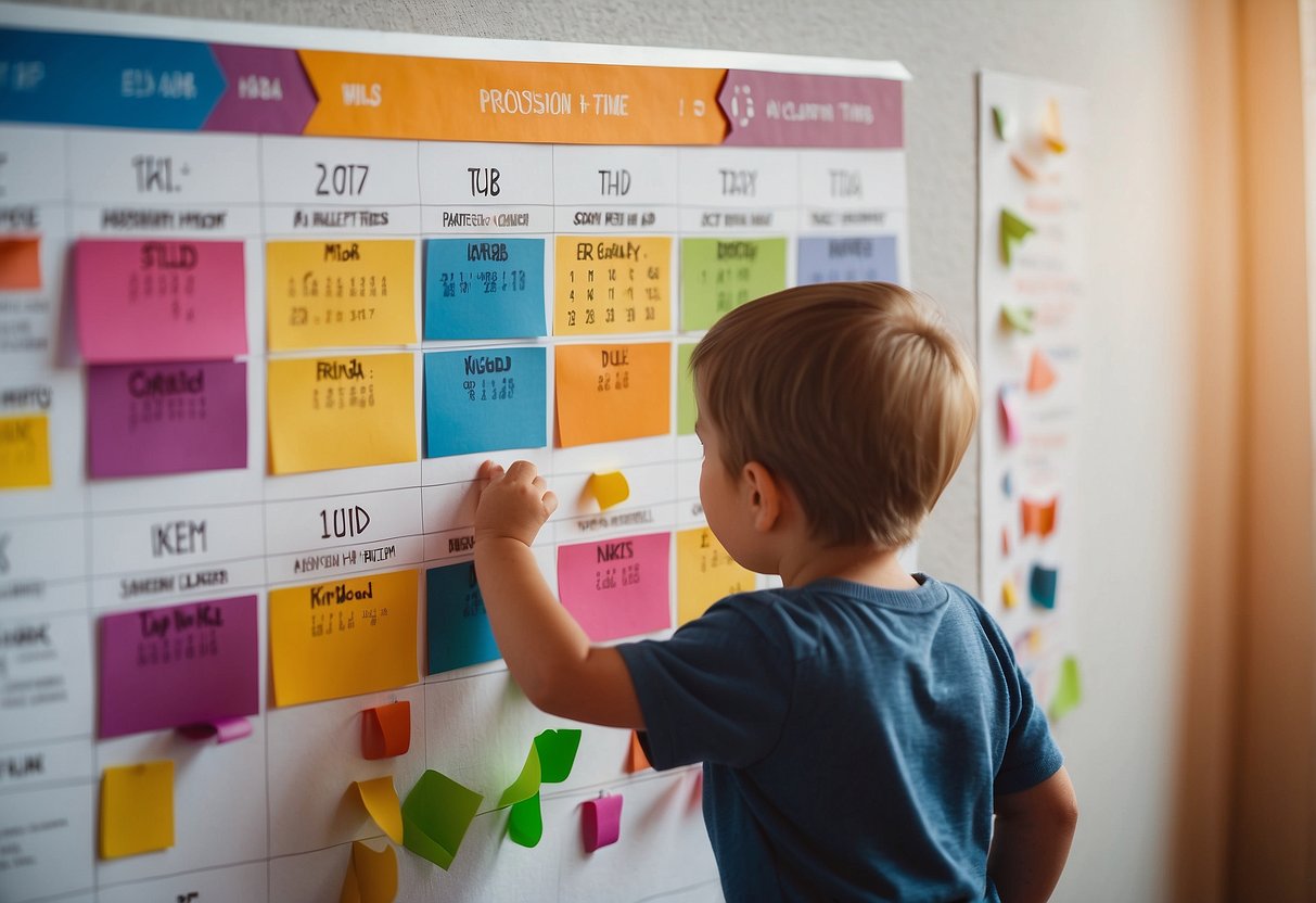 A child's schedule on a calendar, with labeled activities and times. Two separate parenting styles are represented through color-coding and different symbols for each parent's input