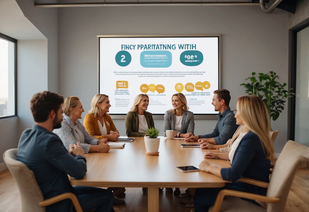 Parents sit facing each other, engaged in a parenting workshop. A poster on the wall displays "7 Strategies for Co-Parenting with Different Parenting Approaches."