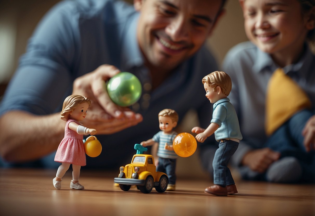 A child playing happily with toys while two adults observe from a distance, each with their own parenting style