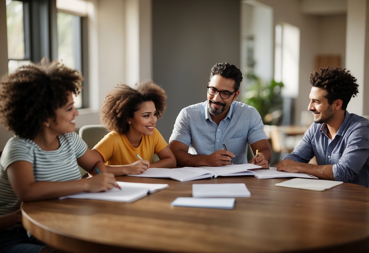 A diverse group of parents sit around a table, each holding a pen and paper, discussing and brainstorming strategies for co-parenting with different approaches. The atmosphere is collaborative and focused