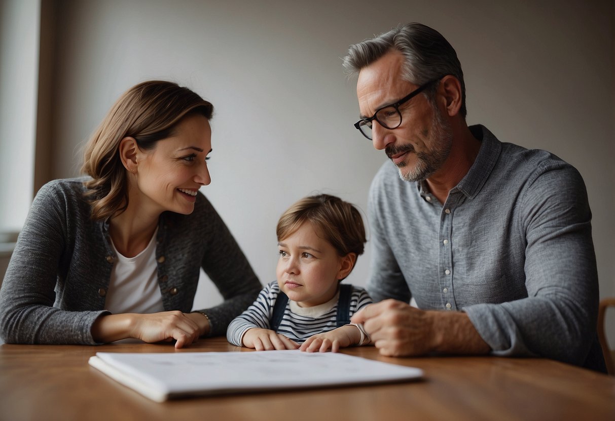 Two parents sitting on opposite sides of a table, each with their own unique parenting style. One parent is calmly listening while the other parent gestures passionately. A child's drawing on the wall symbolizes the shared focus on the well-being of the child