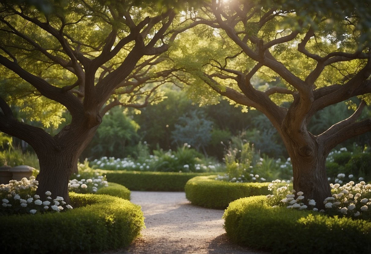 A serene garden with two trees intertwining, representing different parenting styles blending together harmoniously. A calm atmosphere with birds chirping and flowers blooming, symbolizing unity and balance