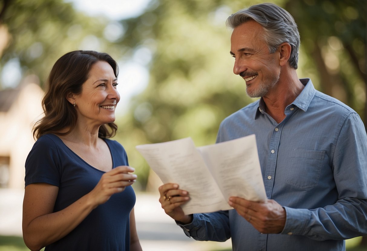 Two parents discussing with open body language. One parent holds a list of 5 points, while the other nods in agreement. A sense of harmony and understanding is conveyed through their expressions