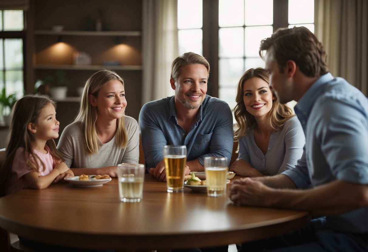 A family sitting at a table, discussing and compromising on parenting styles. Each parent is actively listening and participating in the conversation, finding common ground and establishing basic rules for harmonizing their conflicting approaches