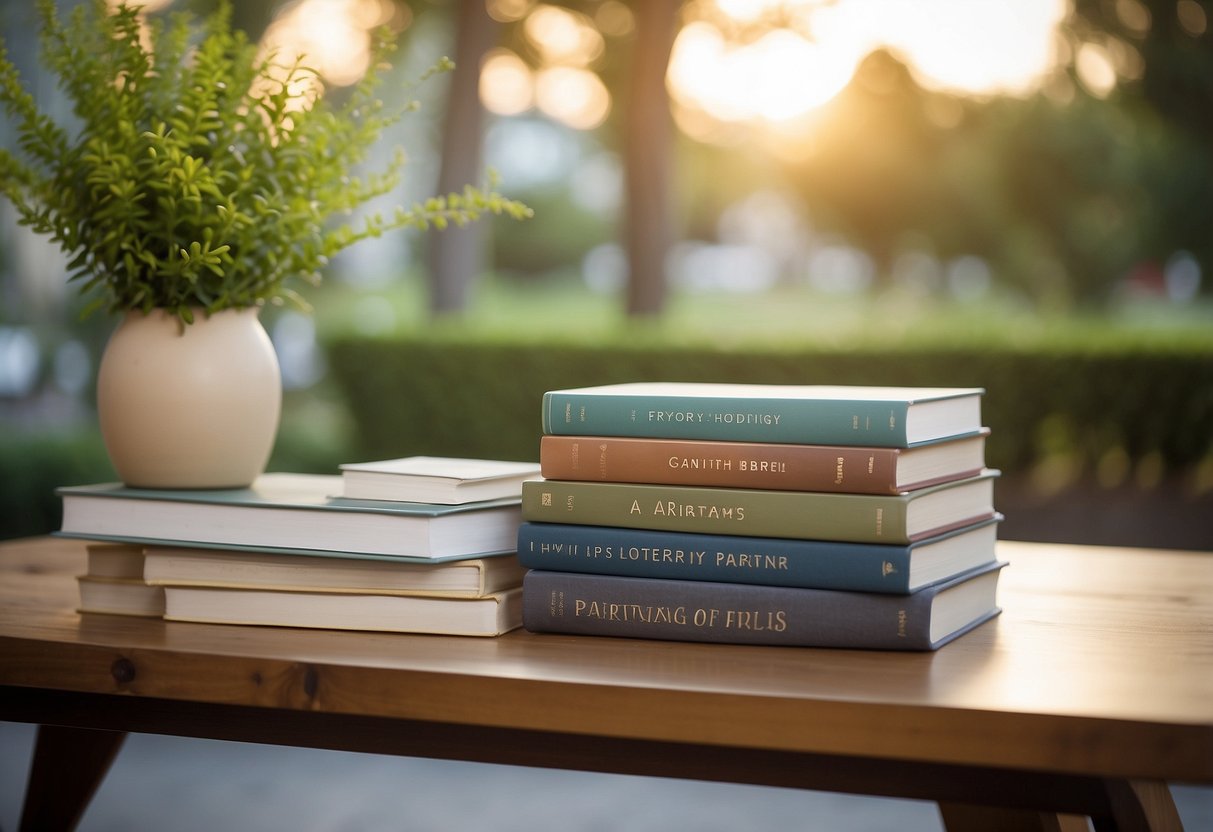 A table with two sets of parenting books, one on gentle parenting and the other on traditional parenting. A peaceful, neutral background with soft lighting