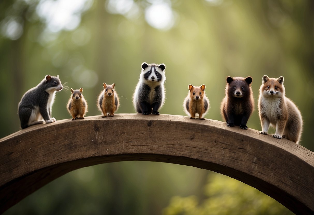 A diverse group of animals work together to build a sturdy bridge, each using their unique skills and strengths to harmonize conflicting styles