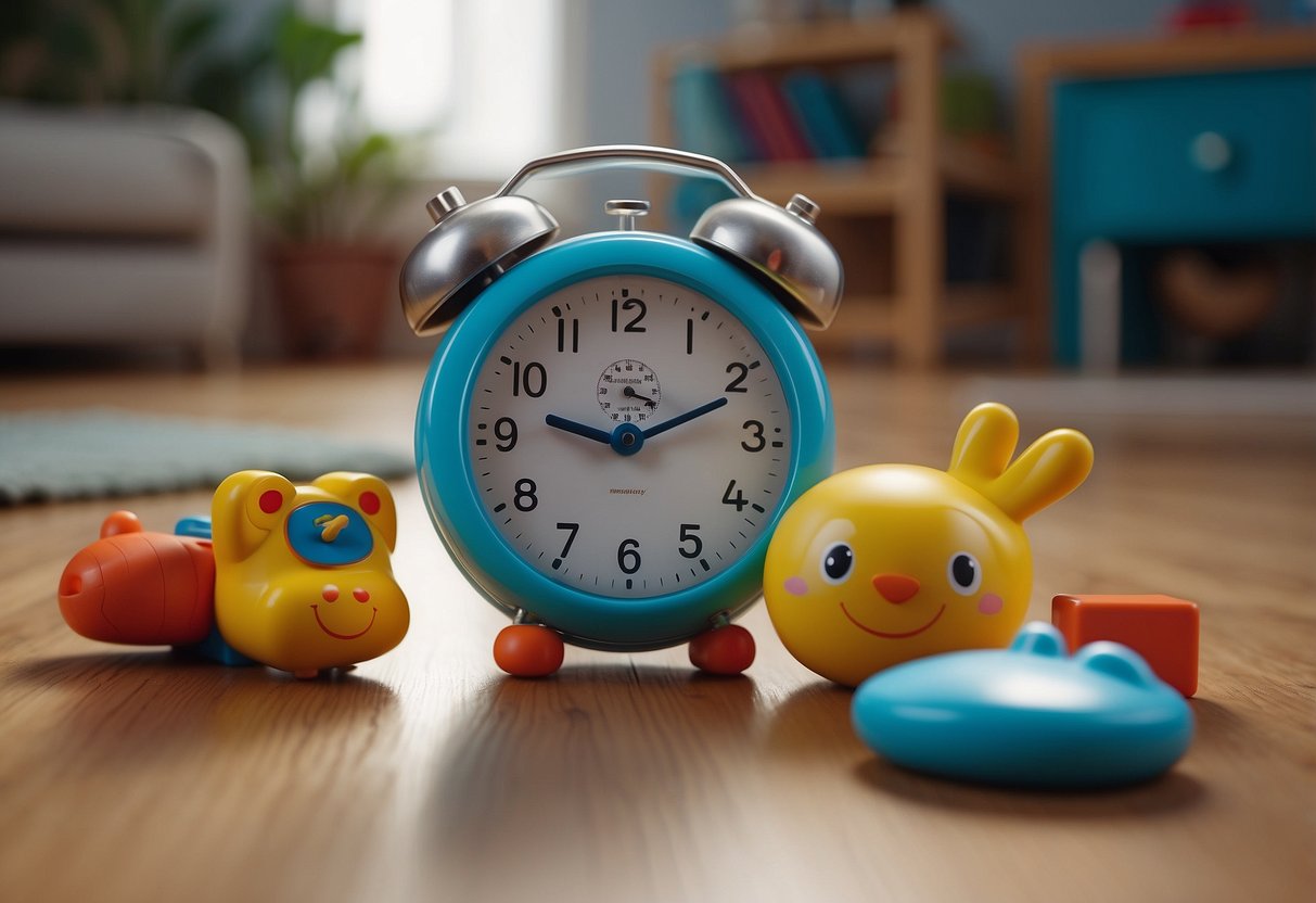 A child's toys scattered on the floor, while a timer sits on the table. A parent's gentle voice can be heard from the next room, calmly explaining the concept of a time-out to their child