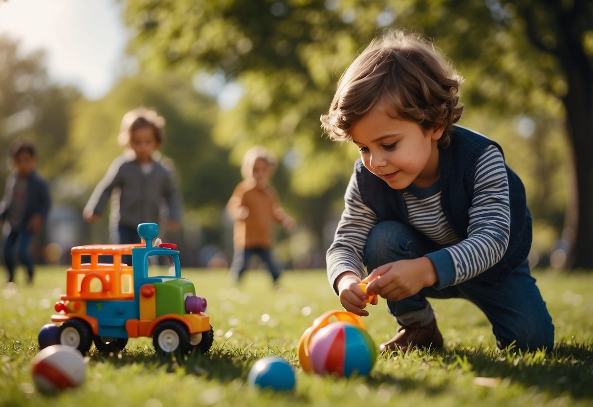 Children playing in a park with a mix of traditional and modern toys. A parent watches from a distance, allowing the kids to explore and interact freely