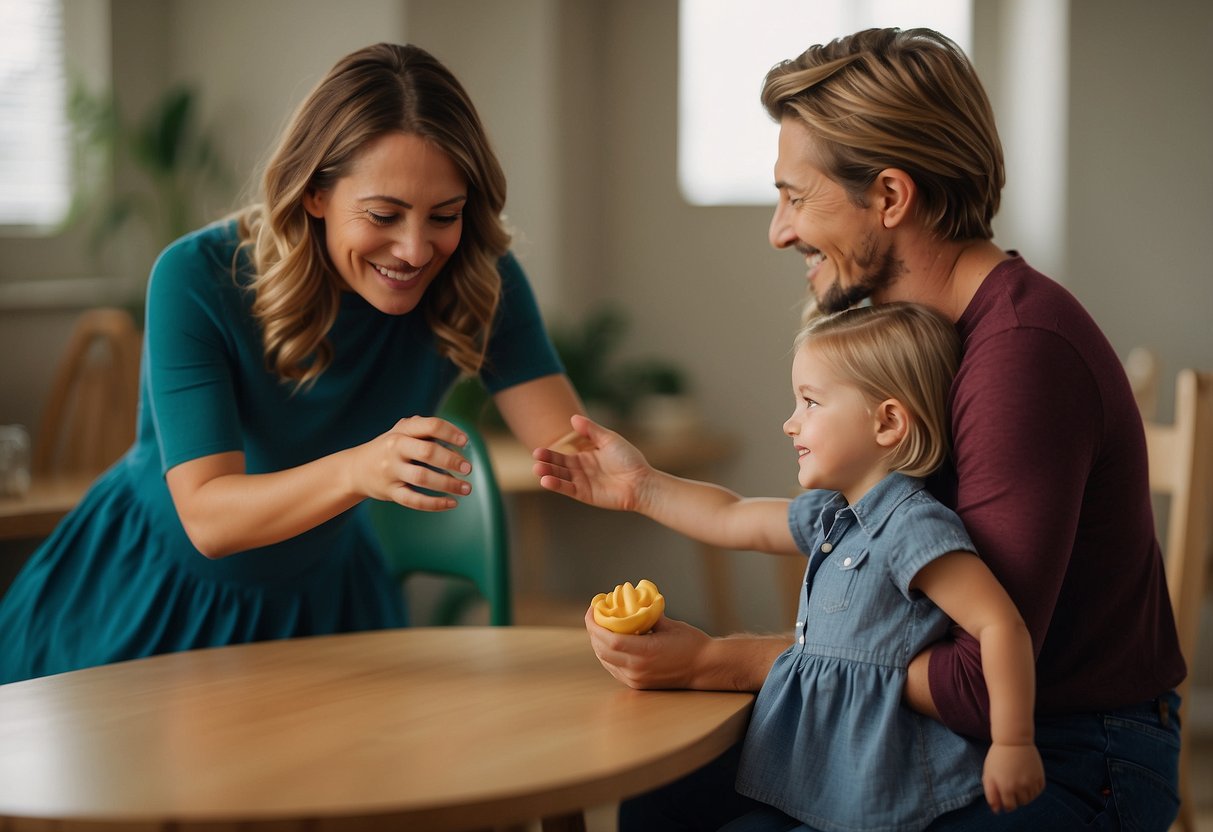 A parent and child using both traditional and modern techniques to teach manners. The parent is modeling polite behavior while the child practices saying "please" and "thank you" in different scenarios