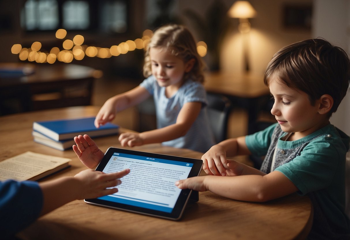 A child's hand reaches for a tablet while a parent's hand offers a book, symbolizing the blending of traditional and modern parenting styles in digital learning