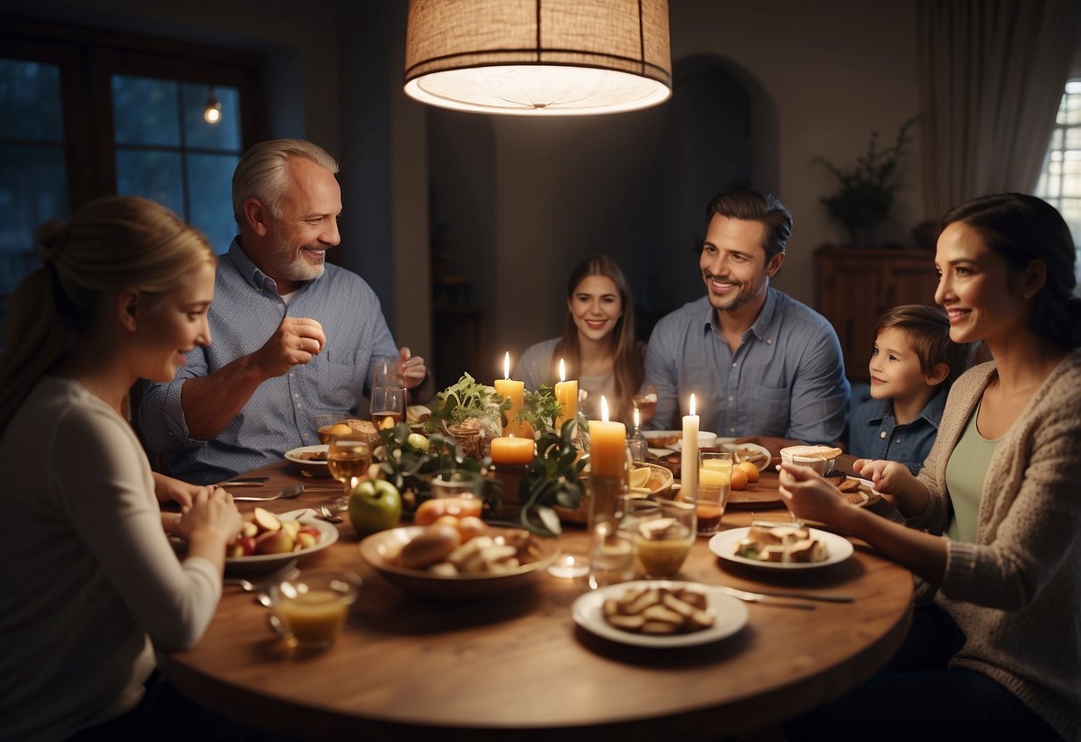 A family gathering around a table, blending traditional and modern elements. Decorations and activities reflect both old and new customs