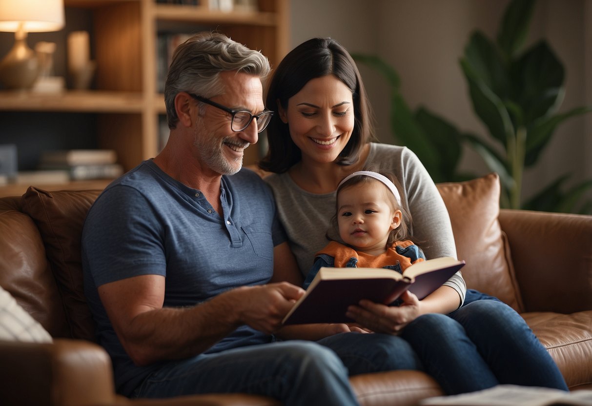 A modern parent uses technology while a traditional parent reads a book. Both parents engage with their children in a loving and supportive manner