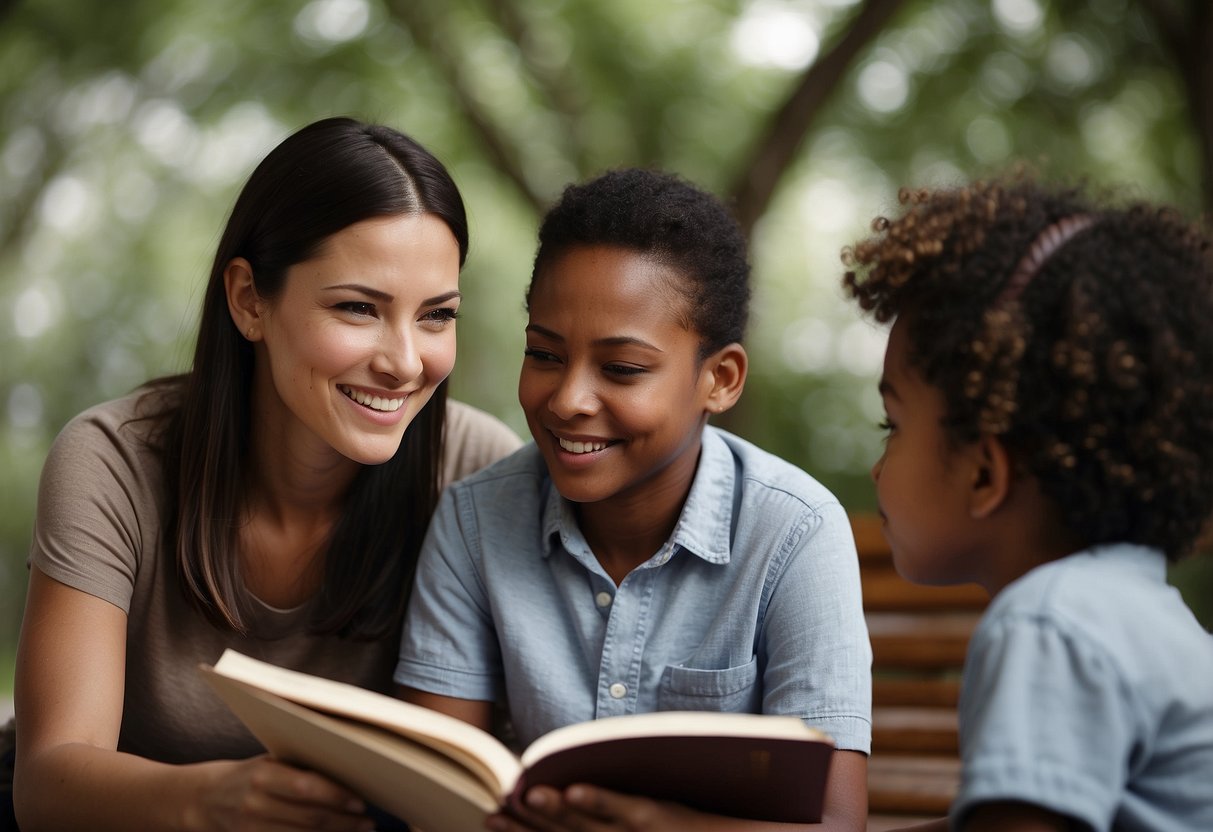 A diverse group of parents gather, exchanging ideas and techniques. Traditional and modern parenting styles blend harmoniously. Books and articles on parenting are scattered around, symbolizing the wealth of knowledge and resources available