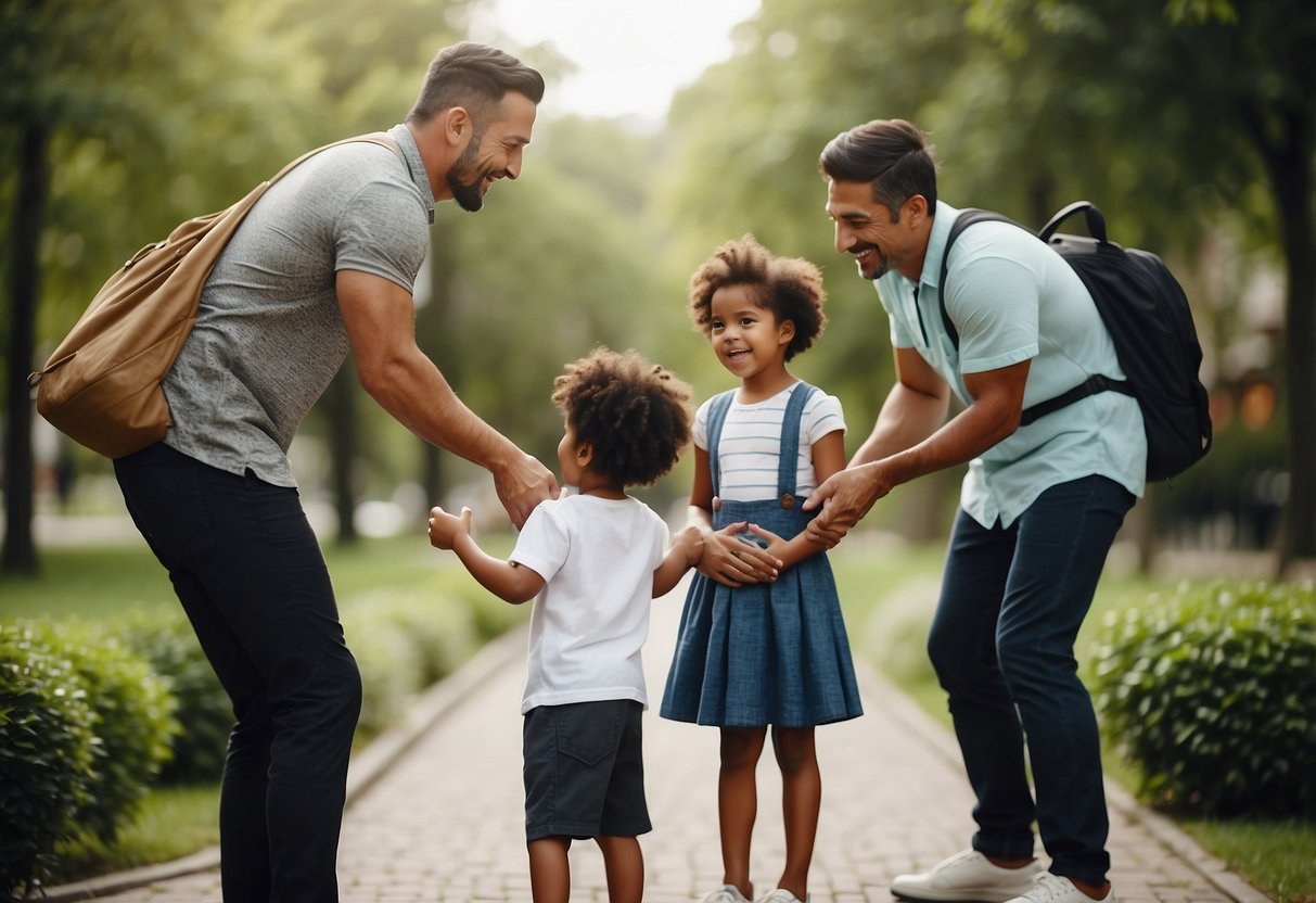 A diverse group of parents engaging in various activities with their children, showing mutual respect and cooperation