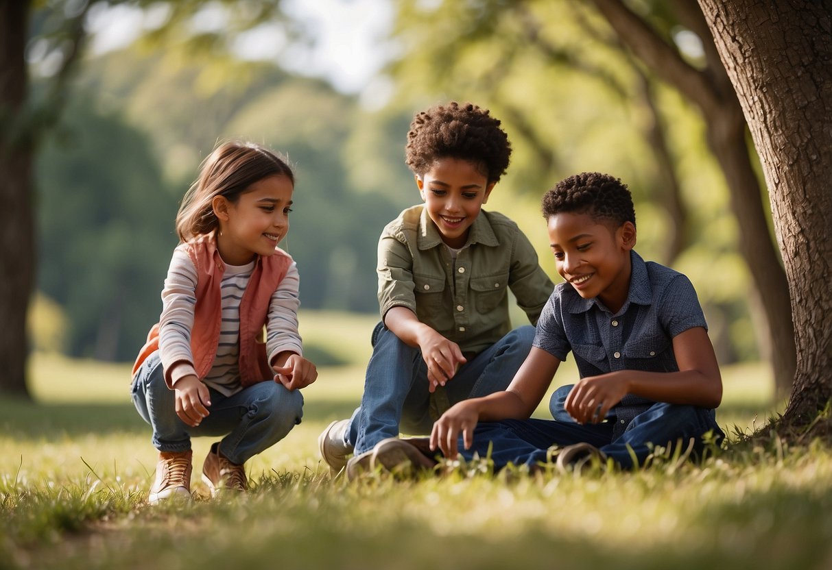 A group of diverse, happy children playing and exploring in a natural, open environment, while a calm and confident adult supervises from a distance