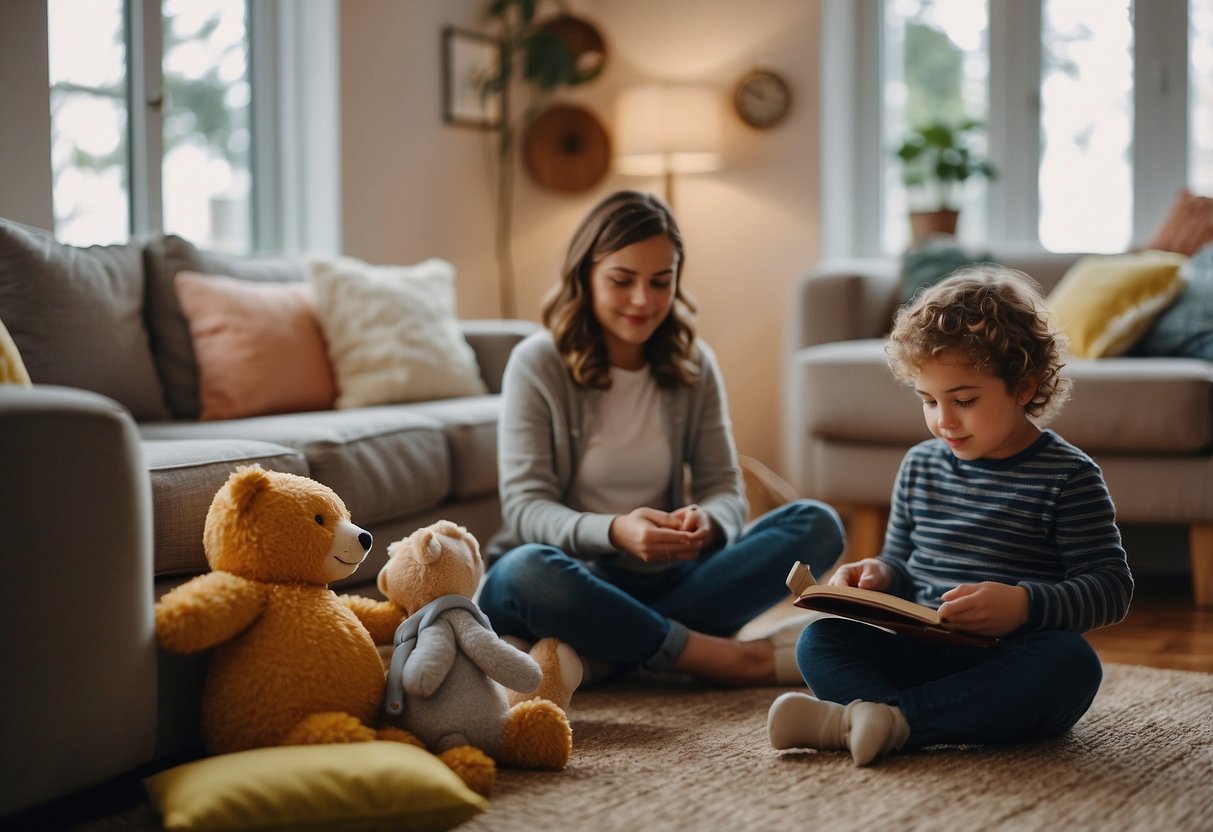 A cozy living room with two sets of children's toys and books neatly organized. A step-parent and biological parent sit together, discussing parenting strategies. A warm and harmonious atmosphere fills the room