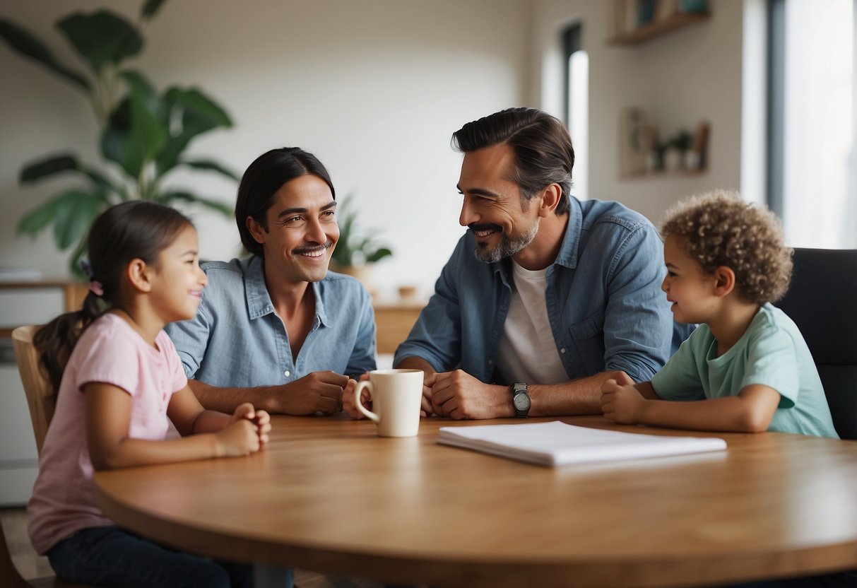 A family meeting around a table, parents and children engaged in conversation, showing respect and understanding for each other's parenting styles