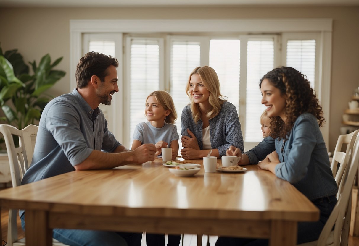 A family sitting around a table, discussing and setting consistent rules for their blended family. A mix of different parenting approaches is being blended together