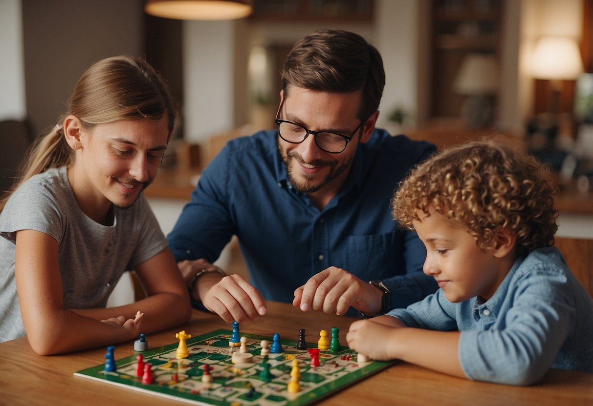 A family sitting around a table, each engaging in their own activities. One parent reading a book, another helping a child with homework, and a third playing a board game with the kids