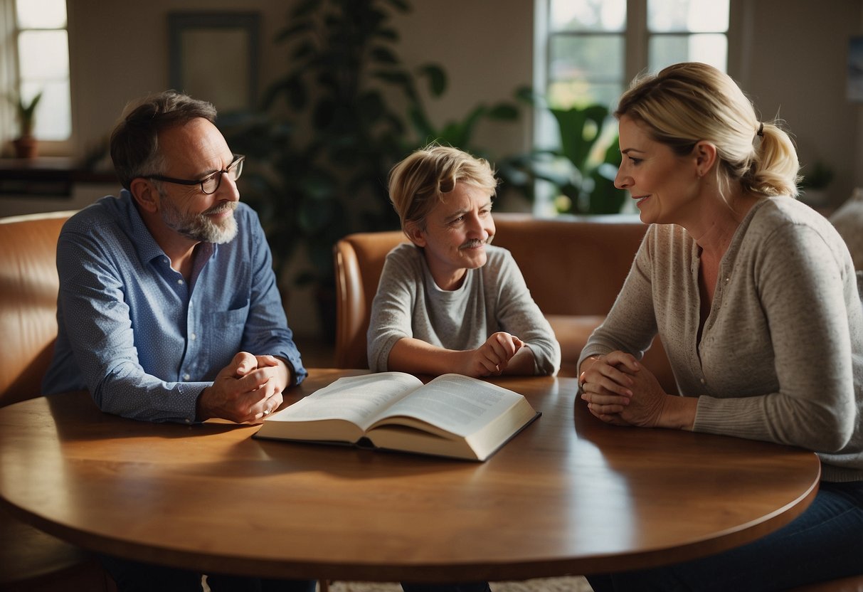 A family therapist sits with a step-parent and biological parent, discussing strategies for blending parenting approaches in a blended family. Books and resources are spread out on a table, as the therapist offers guidance and support