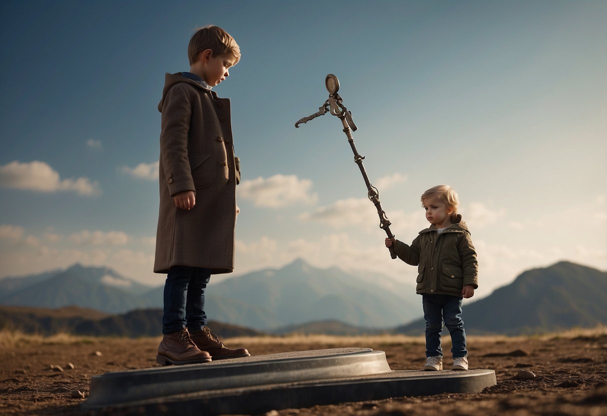 A child stands between a stern figure and a relaxed one, torn between discipline and freedom. A scale sits in the background, symbolizing the delicate balance of strict and permissive parenting