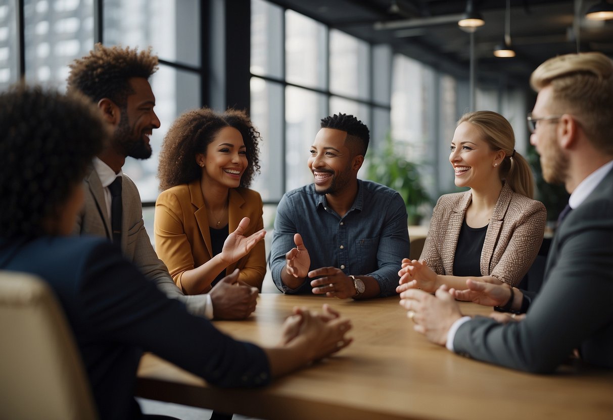 A group of diverse individuals engage in a lively discussion, gesturing and nodding in agreement. A mix of assertive and lenient attitudes is evident