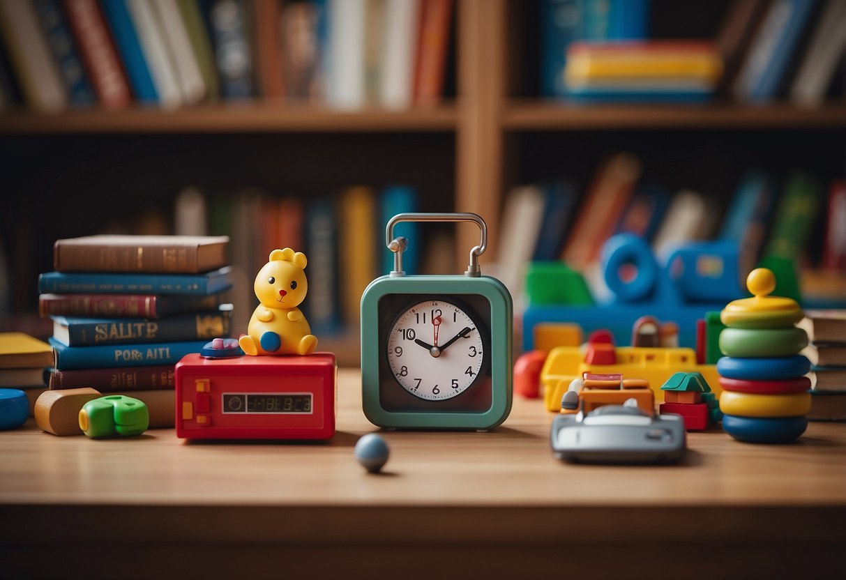 A child's toy lies on the floor next to a neatly organized shelf of books and games. A timer sits on the table, indicating a structured routine. A gentle but firm tone is evident in the environment