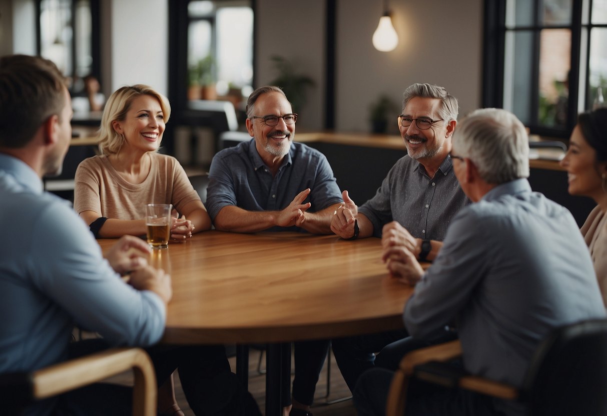 A circle of parents engage in deep conversation, nodding and smiling as they actively listen to each other's perspectives