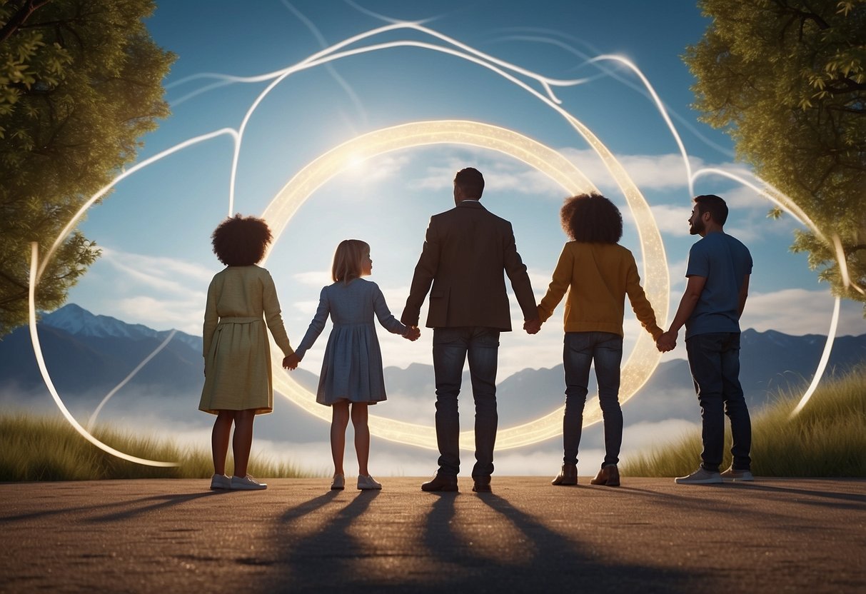 A group of eight different parenting approaches standing in a circle, each approach represented by a unique symbol or icon, all working together in harmony