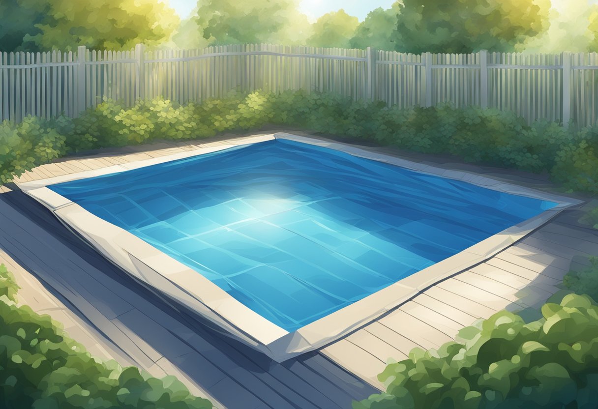 A pool covered with a blue tarp, surrounded by a fence and greenery. The cover is taut and reflects the sunlight, creating a shimmering effect