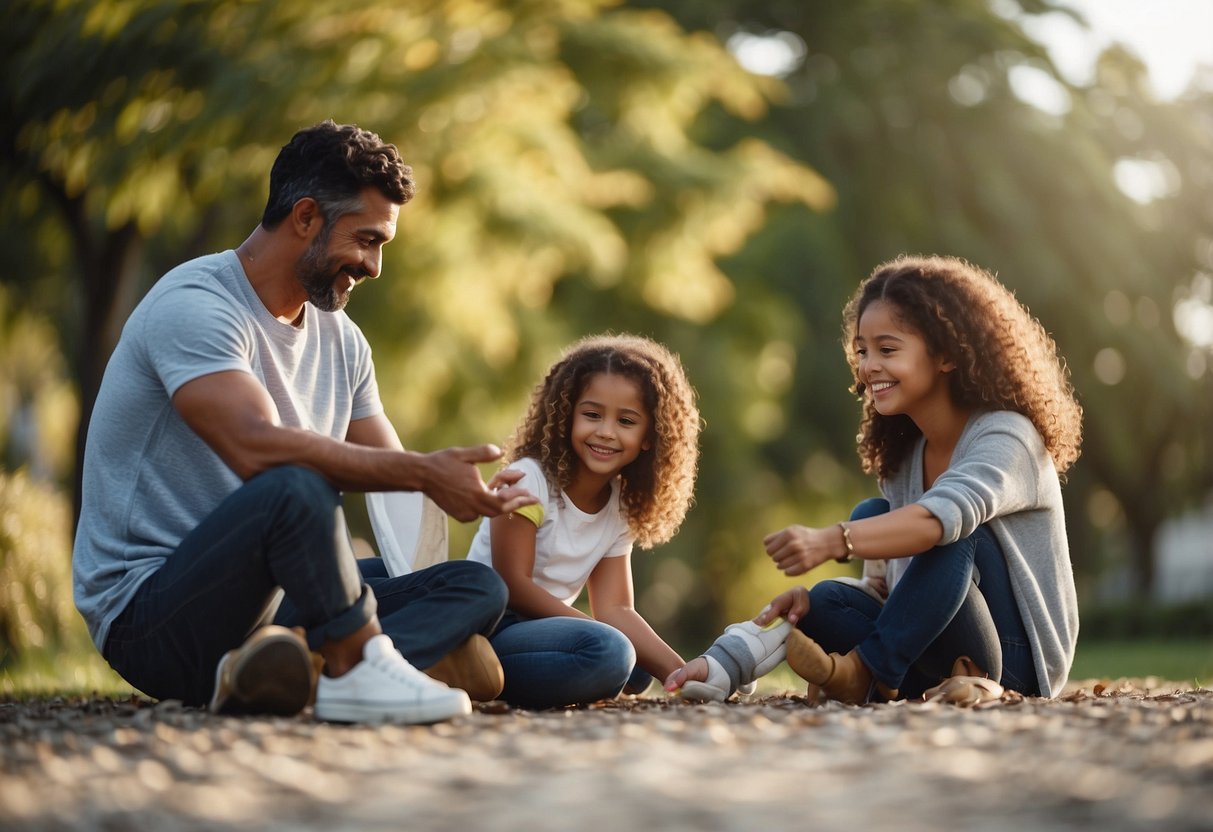 A diverse group of parents engaging in various activities with their children, showcasing different parenting approaches that complement each other perfectly