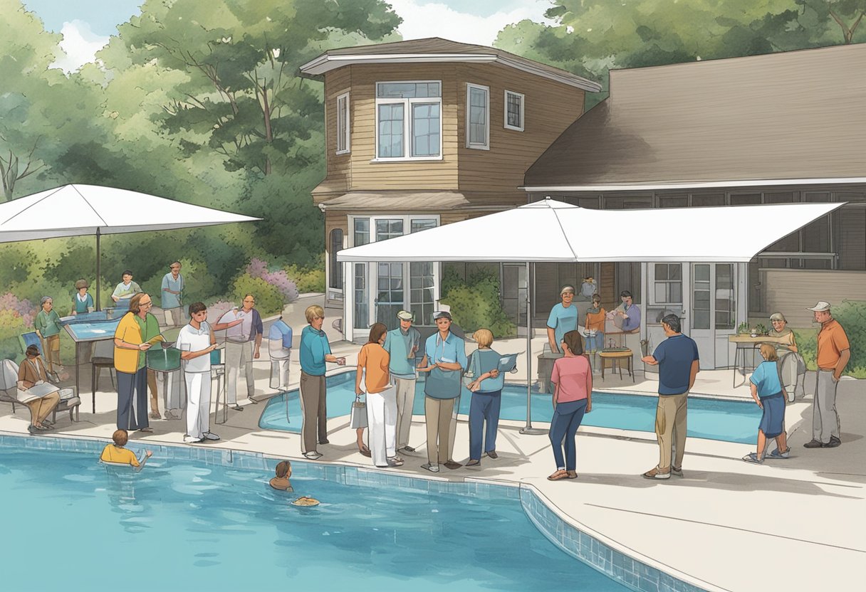 A group of people gather around a pool, discussing and demonstrating pool cover options. Tables with brochures and samples are set up nearby